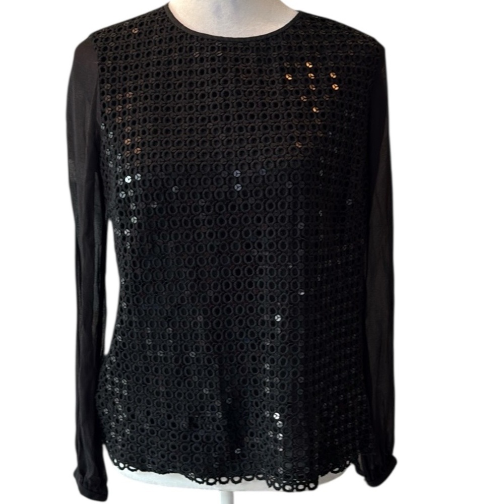 Tory Burch Woman's Long  Sleeve Sequin‎ Top Sheer Sleeves Black Size 4